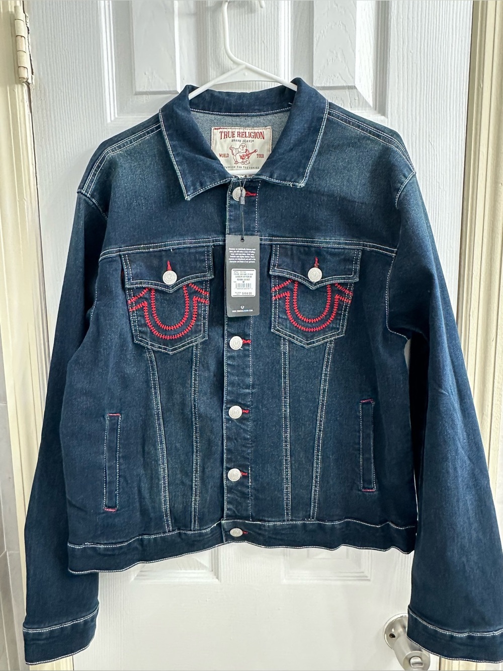 True Religion Denim Jacket Red Ladder Stitch Men’s siz M Dark Wash MSRP $184 New